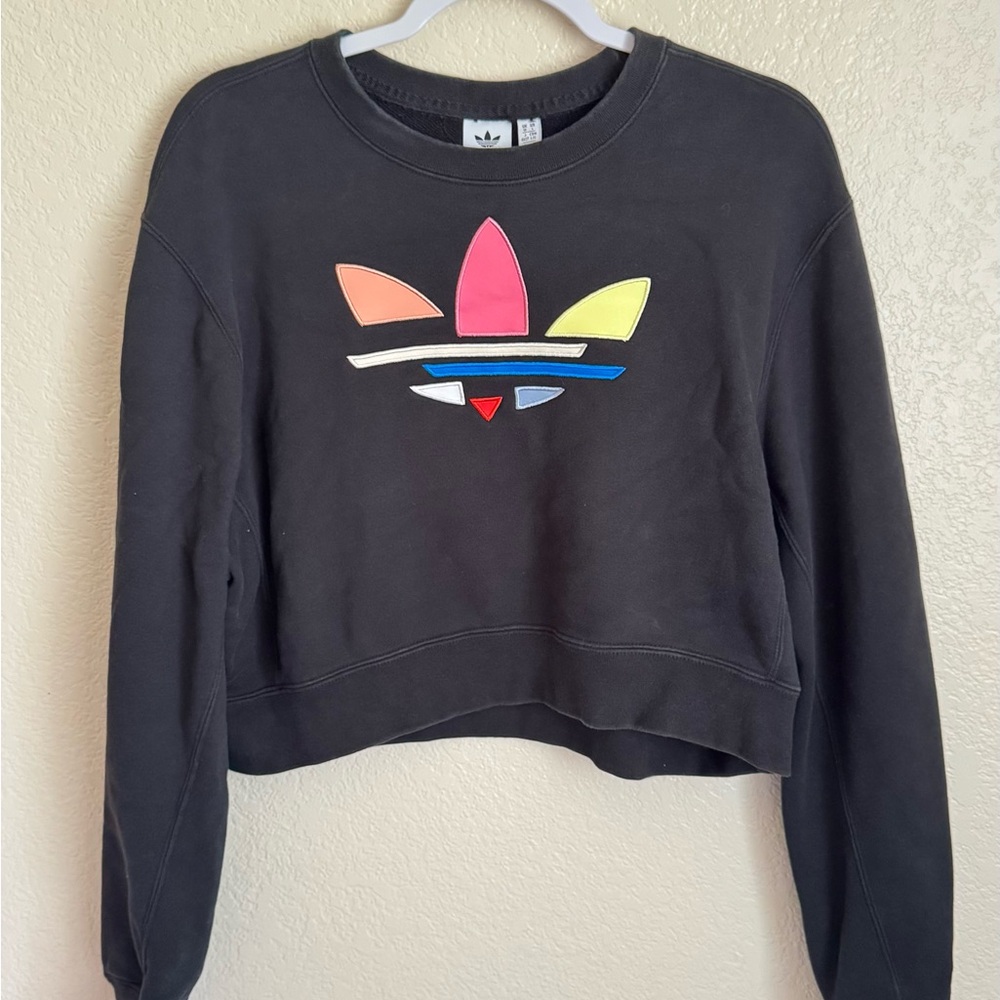 adidas Black Crop Sweatshirt with Multicolor Logo